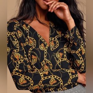 🟣 Zara Chain Design Bodysuit Long Sleeve Leotard Onesie V Neck Versace silky